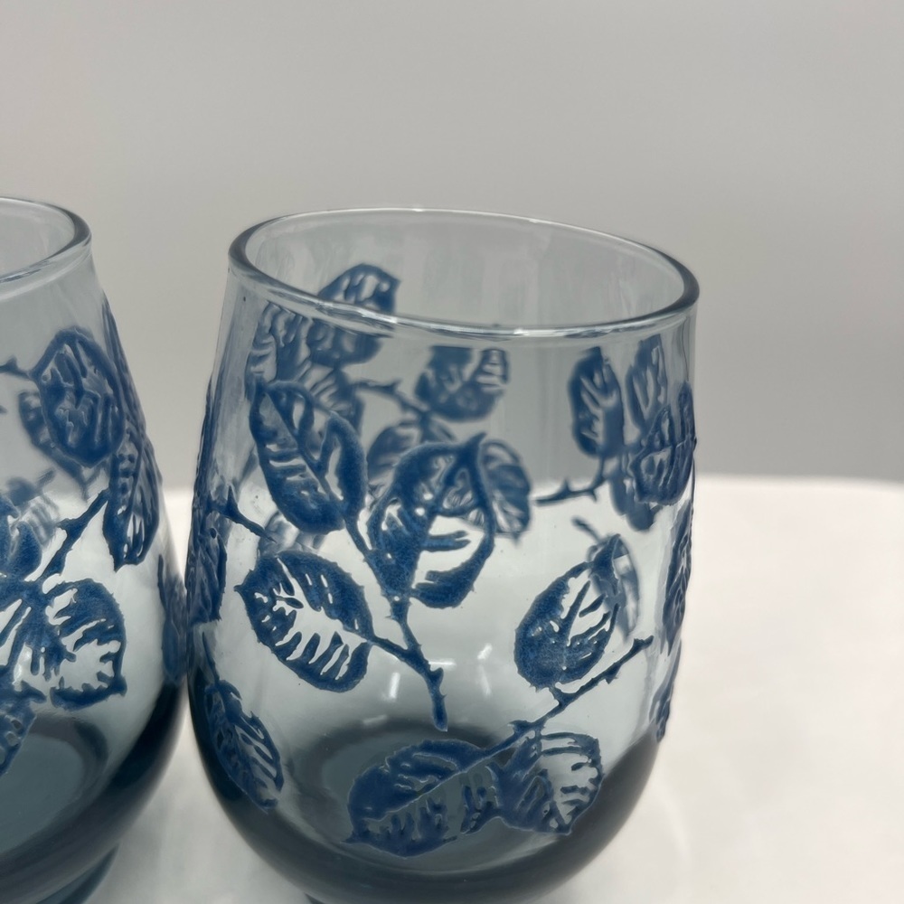 Libbey Juice Eventide Glasses Painted Blue leaves Set of 4 Vintage - Picture 5 of 9